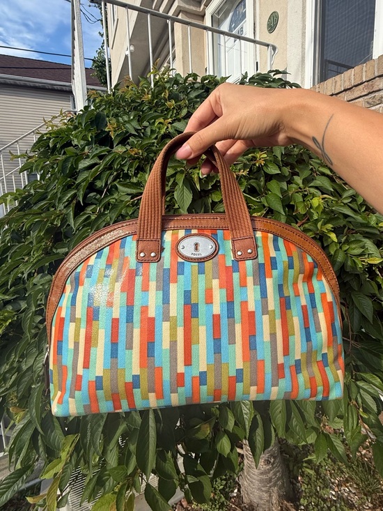 Fossil Handbags - Fossil Vintage Y2K Multicolor Leather Geometric Print Satchel Handle Bag Purse